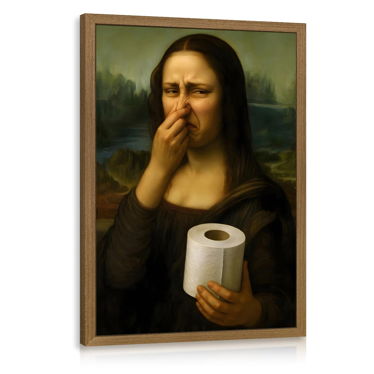 Wood Framed Funny Pinching Nose Mona Lisa Bathroom Wall Art 12x16 in