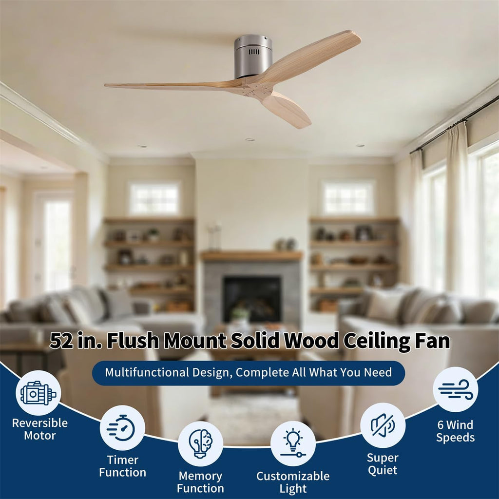 52" Wood Flush Mount Ceiling Fan, No Light