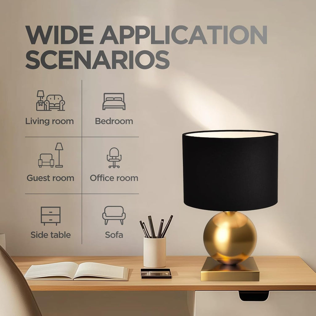 Gold Ball Modern Table Lamp,Mid Century Bedside Lamp Nightstand Light with Black Shade Metal Base Accent Lamp Bedside
