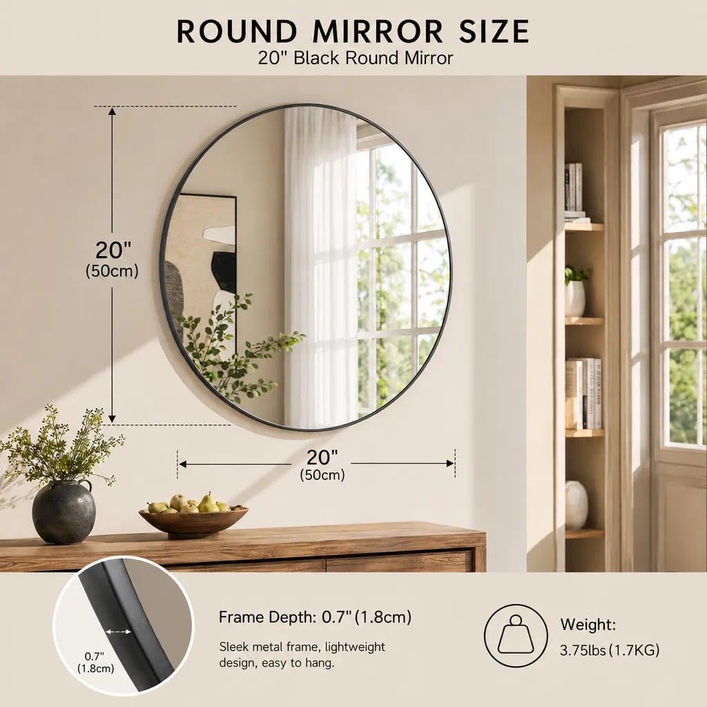 20 Inch Round Mirror, Metal Frame Circle Mirror, Black