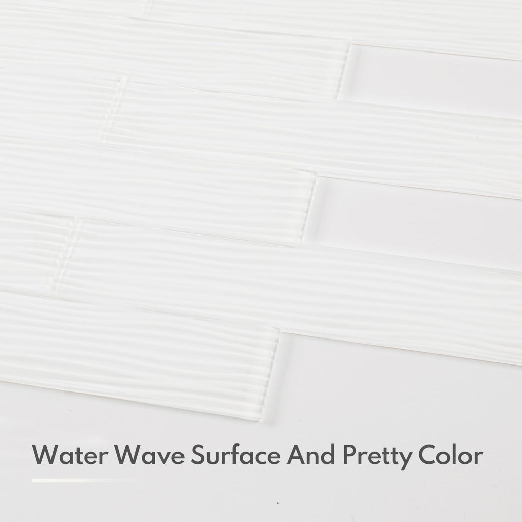 White Glass Subway Tile, Water Wave Glass for Shower Bathroom Kitchen Backsplash Wall, 3 x 12 Inch, 4 Sq.Ft.