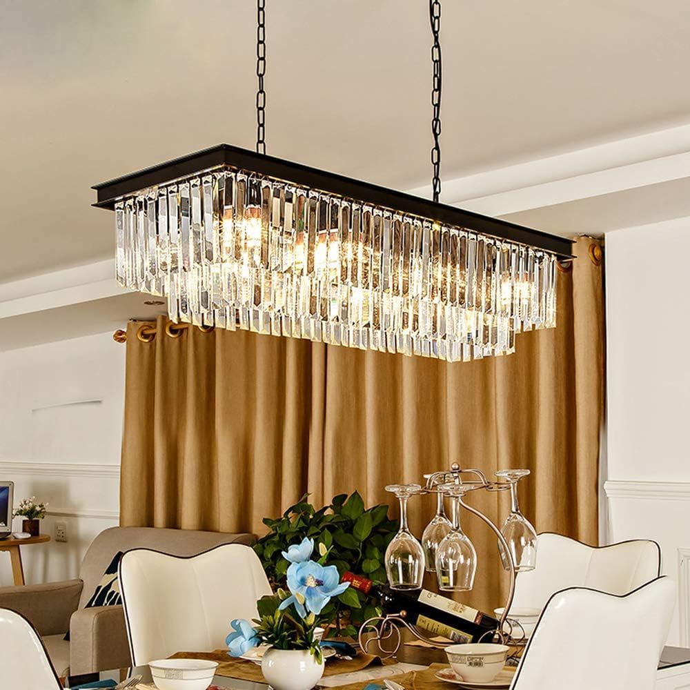 8-Light Chrome Rectangular Crystal Chandelier, Modern Linear Light for Dining