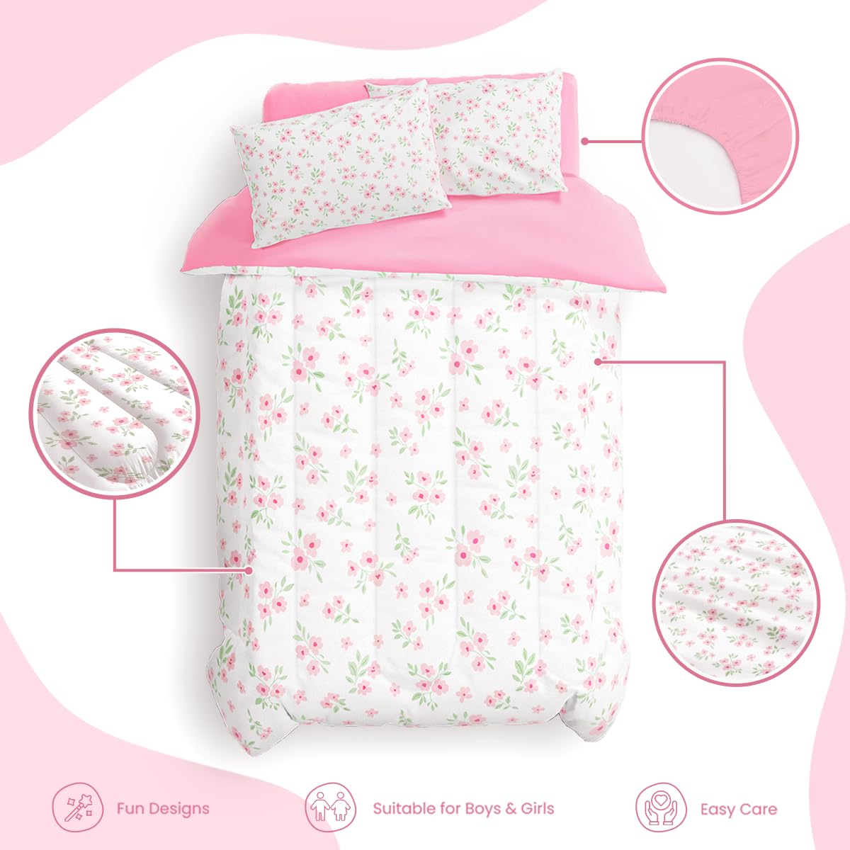 Floral Bedding Sets with 3-Pieces (Includes 1 Comforter, 1 Fitted Sheet, 1 Pillowcases), Comforters Bed Set