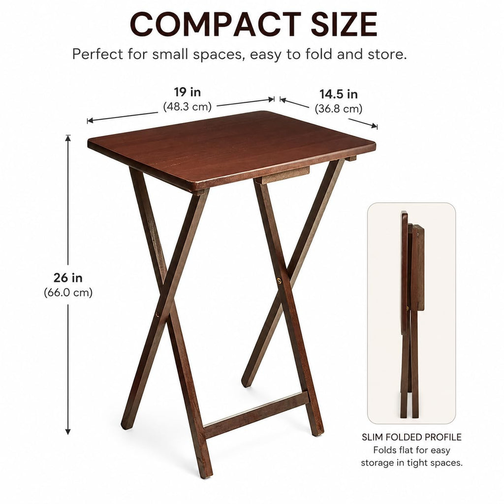 Modern Indoor Folding Tray Table Set of 2, Walnut Finish, Solid Rubberwood, 19 x 14.5 x 26 Inches, Lightweight & Easy