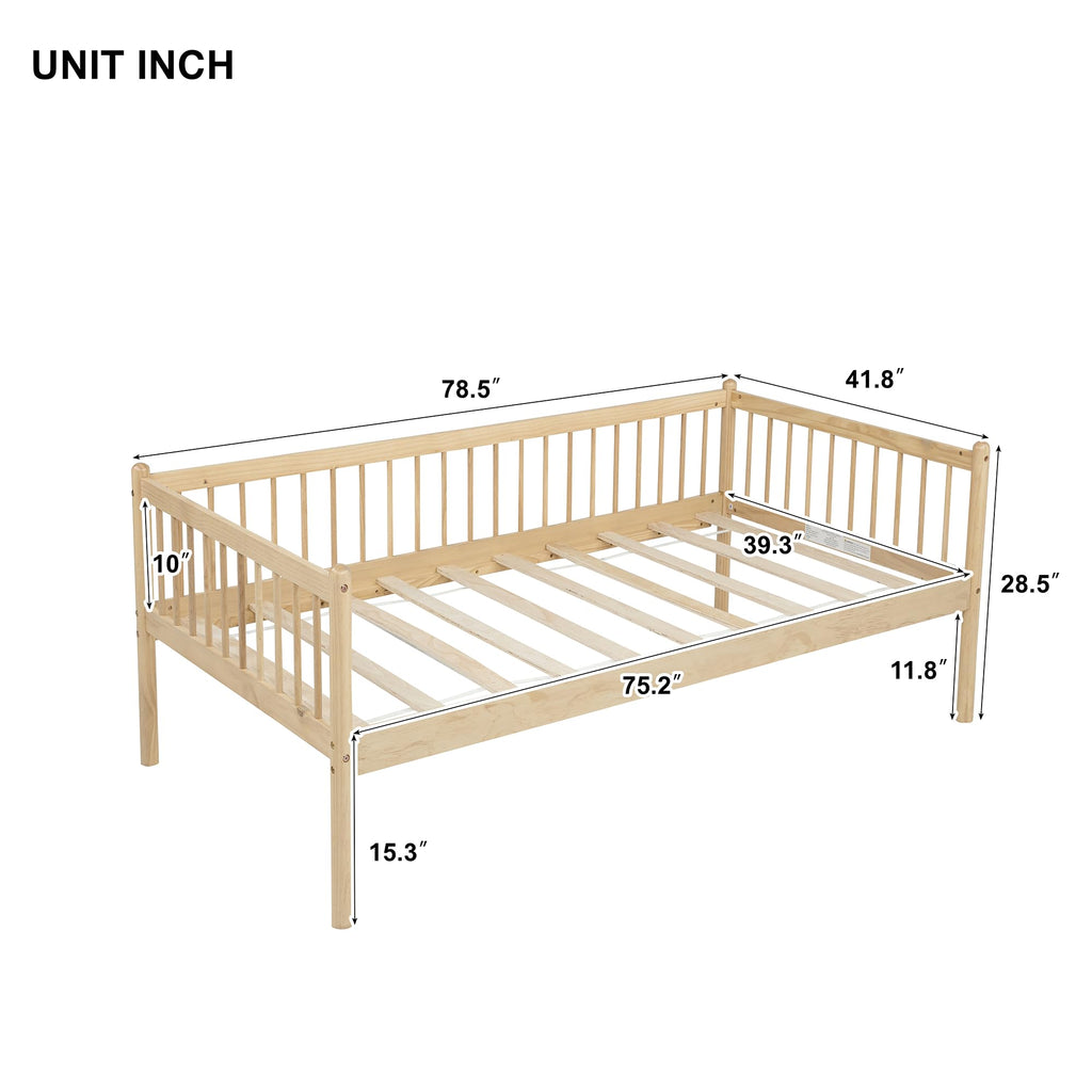 Twin Daybed with 3-Side Guardrails and Wood Frame, Natural