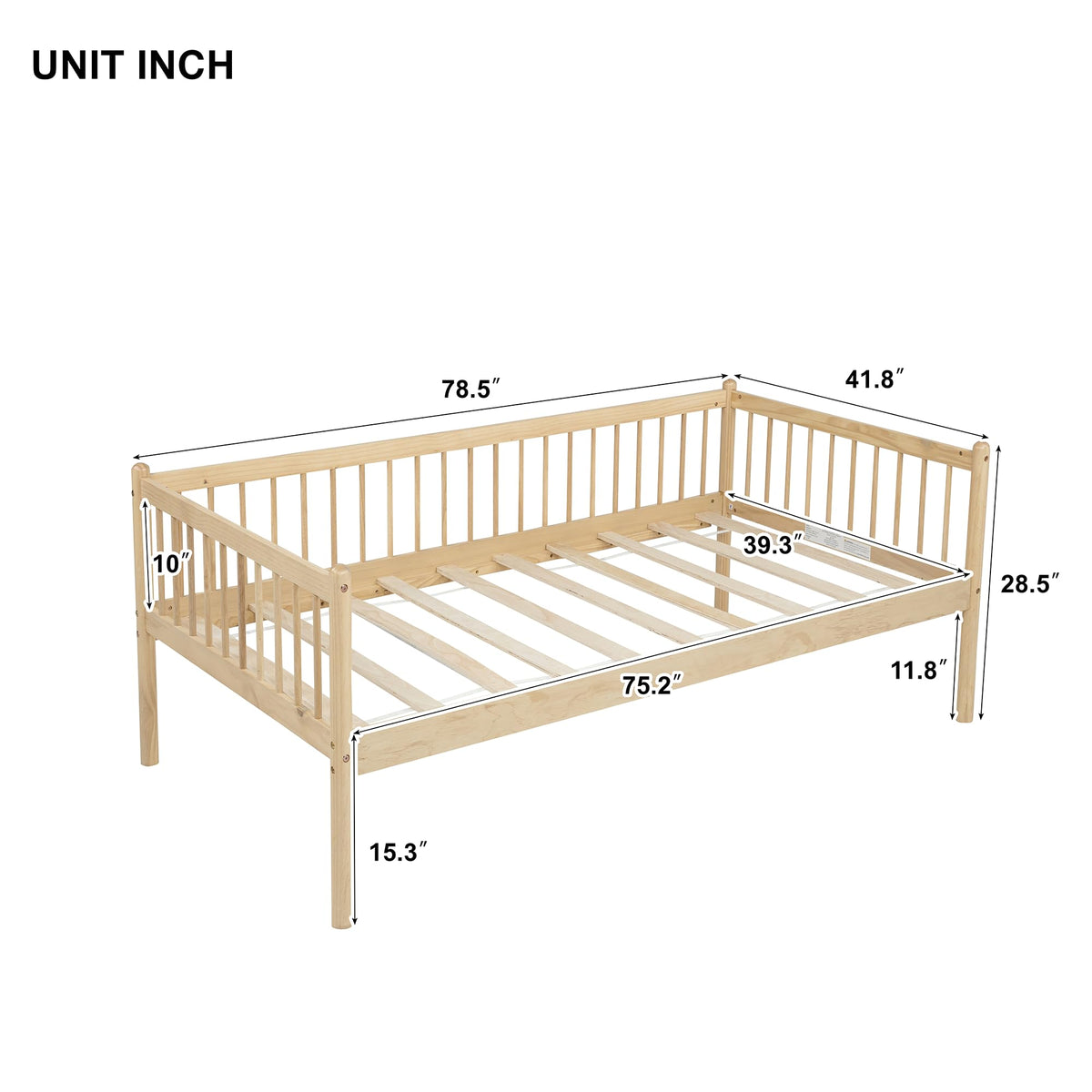 Twin Daybed with 3-Side Guardrails and Wood Frame, Natural