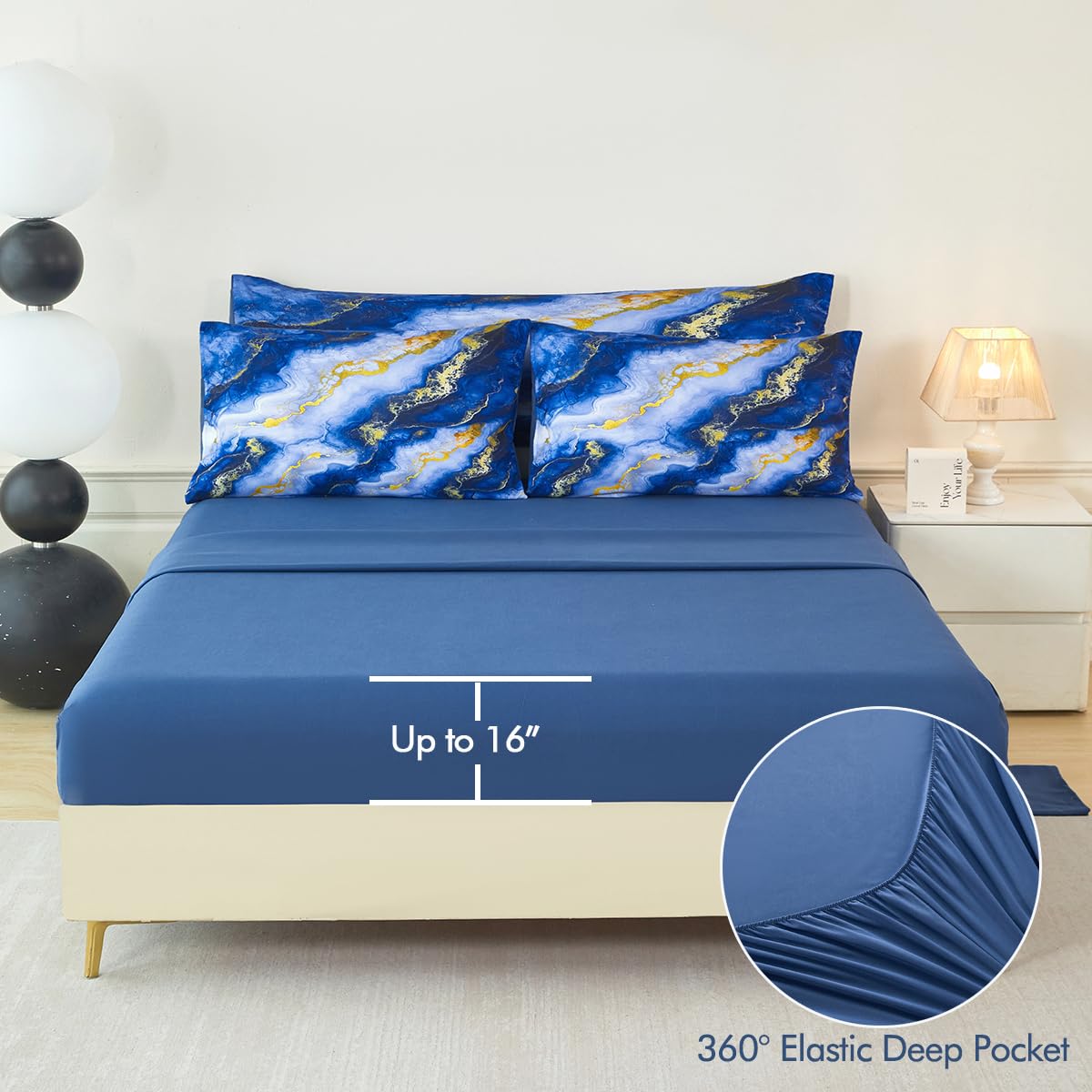 Blue Gold Bedding Set, 6 Pieces Fluffy Marble Bedding Comforter Sets for Women, All Season Soft Luxury Retro