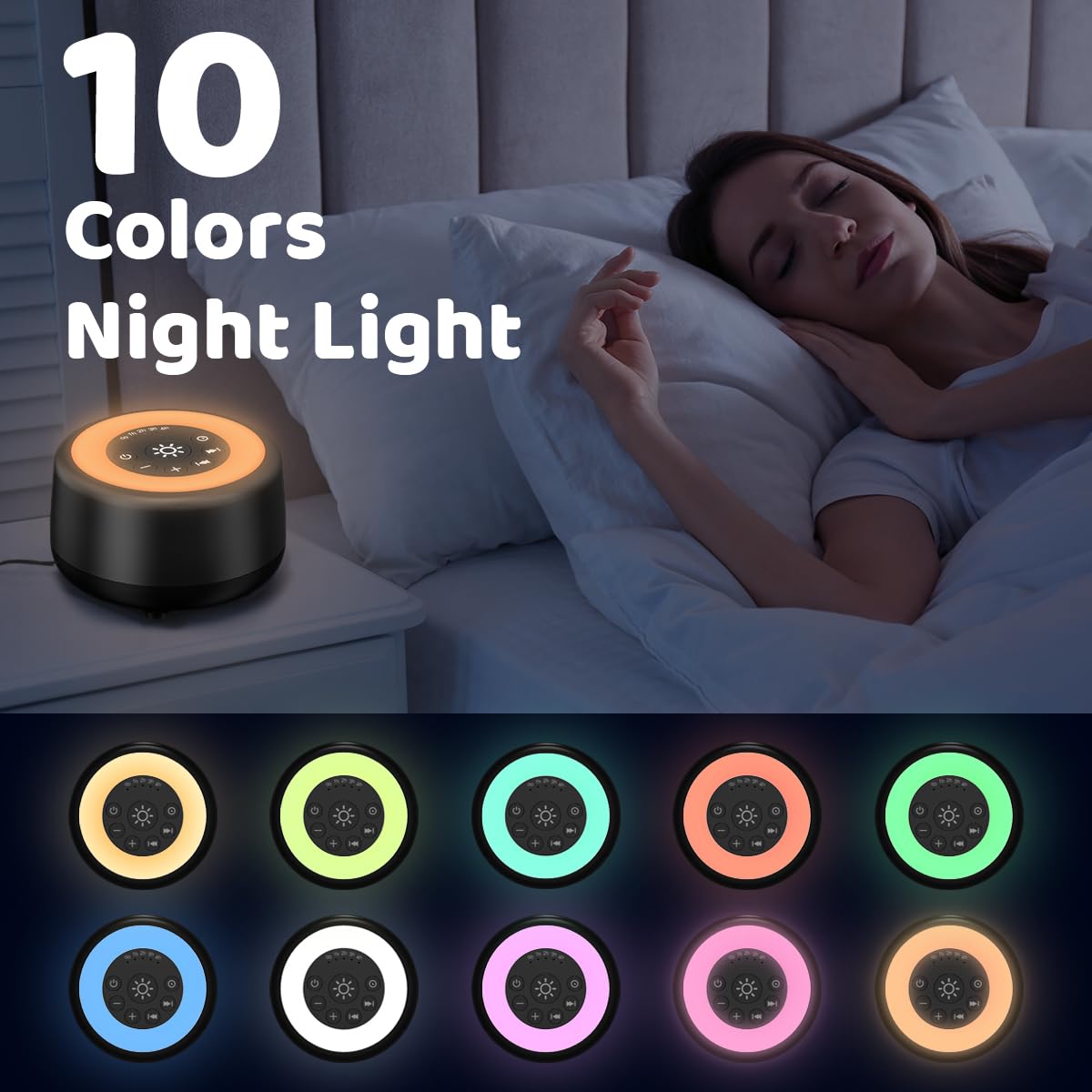 Sound White Noise Machine with 25 Sounds, 10 Colors Warm Night Light 4 Brightness Levels 32 Volume Levels 5 Timer and Memory