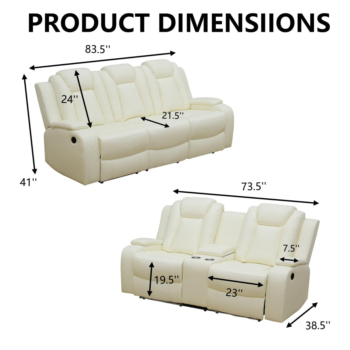 Power Recliner Sofa and Couch Set with LED, 2 Piece Breathing Leather Sofa Set, Reclining Couch and Loveseat Living