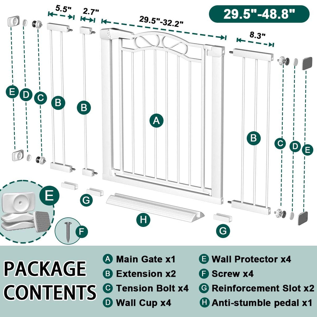 29.5"-48.8" Extra Wide Baby Gate for Stairs, Pressure Mounted Metal Long Dog Gates Indoor Doorways Walk Thru No Drill