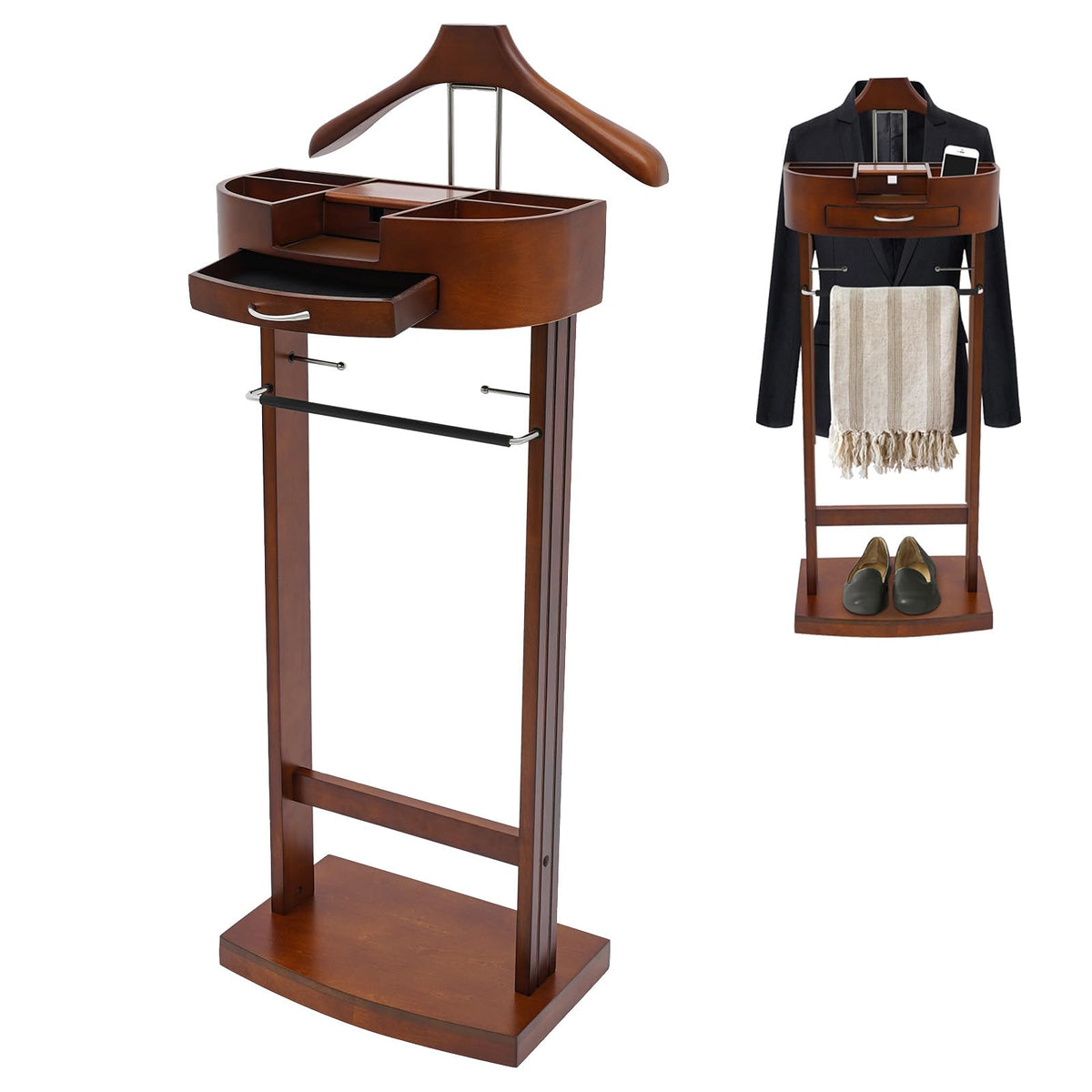Wood Men Valet Stand with Drawer, Standing Suit Valet Stand, Clothes Organizer Rack Entryway Living Room Bedroom