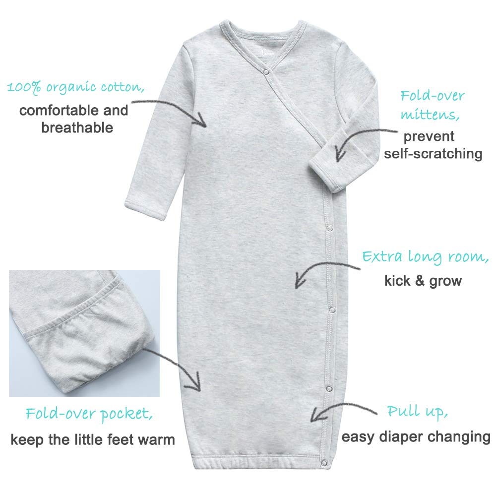Baby Organic Cotton Kimono Gown with Mitten Cuffs and Fold-Over Pouch, Unisex Long Sleeve Infant Sleeper Sleeping