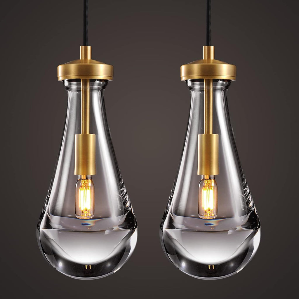 Raindrop Pendant Lights Kitchen Island Set of 2 Teardrop Gold Hanging Light Fixtures Clear Solid Glass Pendant Light Modern Chandeliers for Dining Room Porch Corridor Living Room
