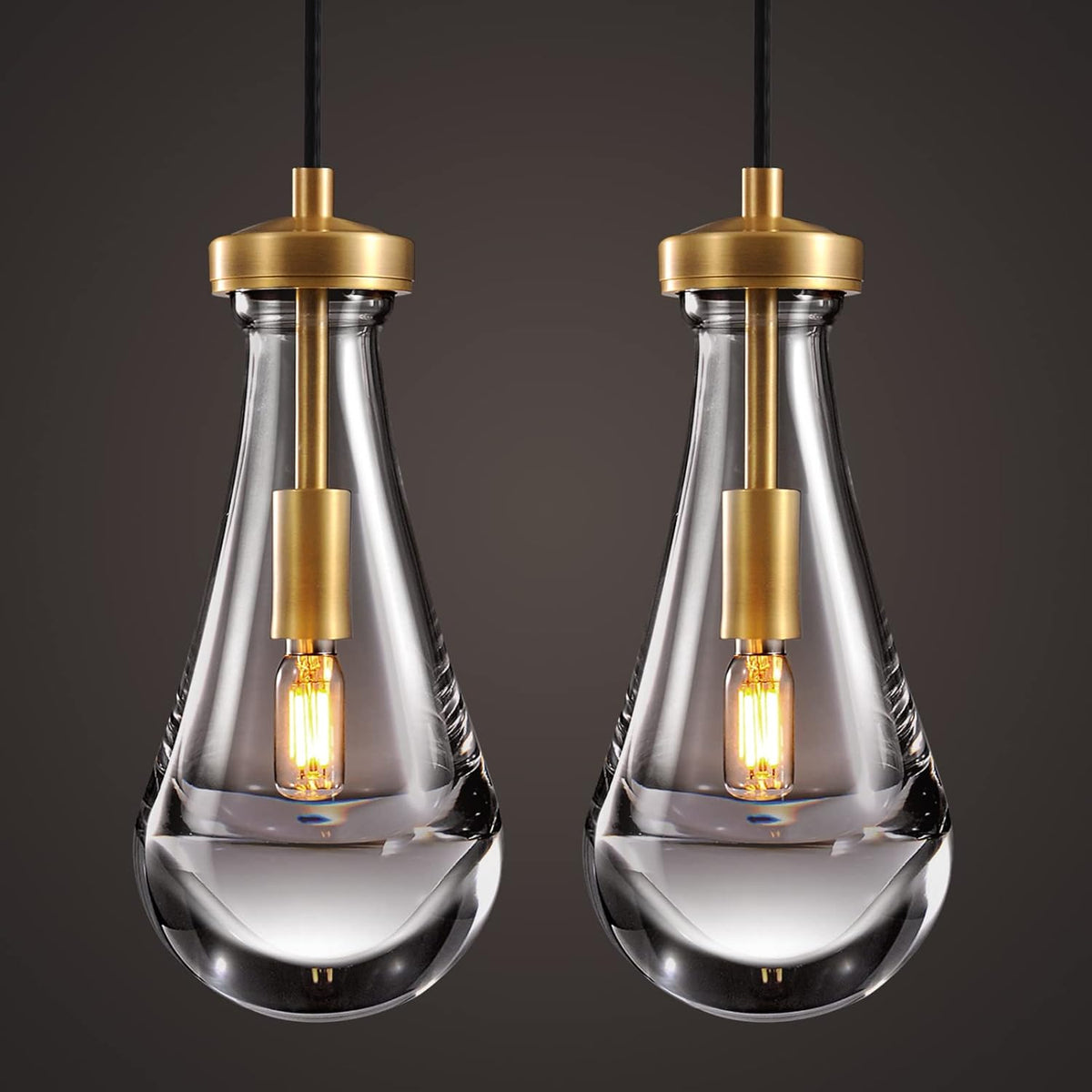Raindrop Pendant Lights Kitchen Island Set of 2 Teardrop Gold Hanging Light Fixtures Clear Solid Glass Pendant Light Modern Chandeliers for Dining Room Porch Corridor Living Room