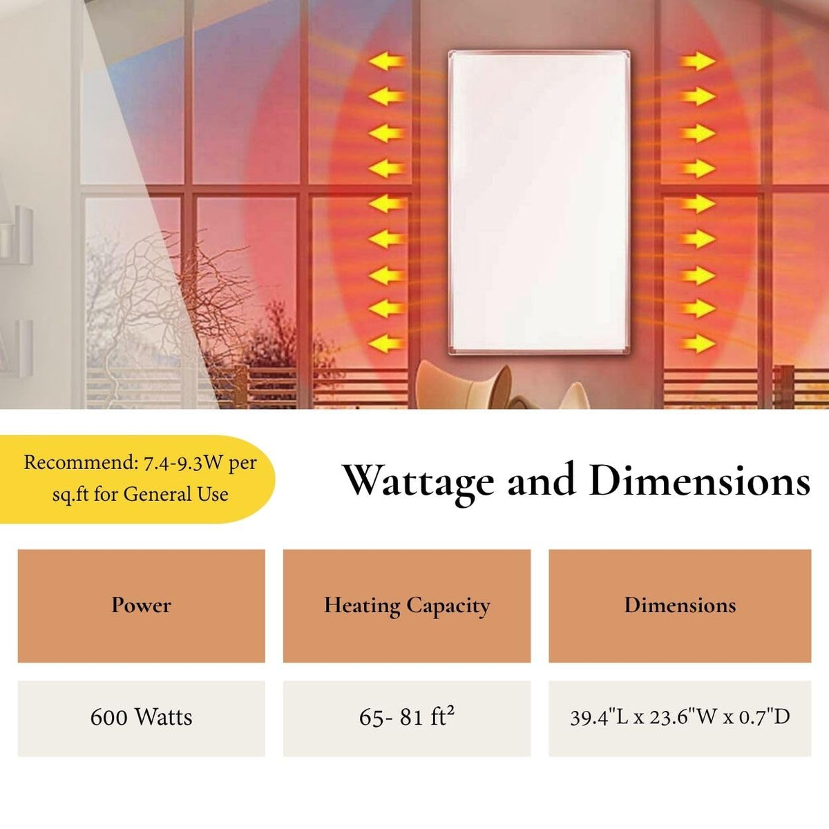 Infrared Heater Panel 600W for indoor yoga studio with on/off Switch