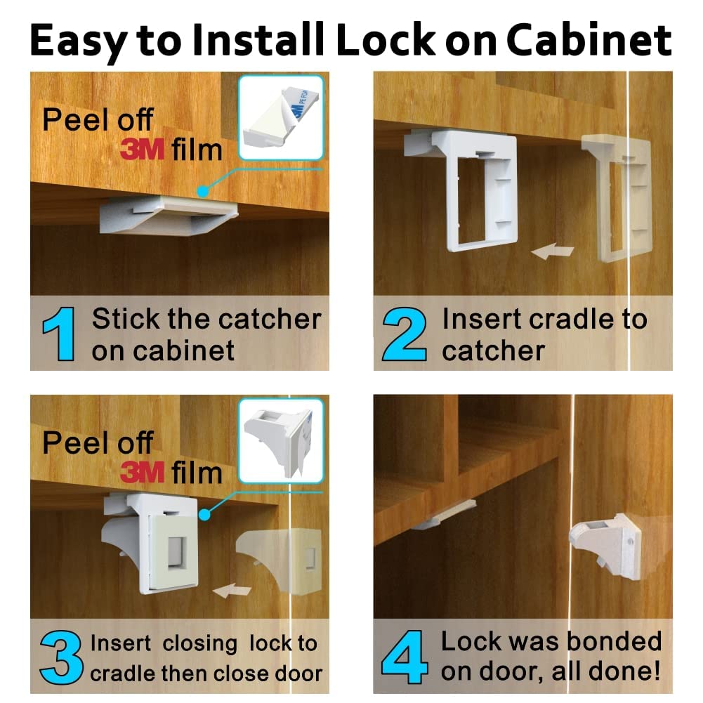 Upgraded Magnetic Cabinet Locks (32Locks and 6 Keys) Baby Proofing Magnetic Safety Locks with 3M Adhesive, One Minute