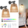 Boho Battery Operated Wall Sconces, Rattan Wall Sconce Set of 2 with Remote, RGB 15 Colors Dimmable Rechargeable Wall