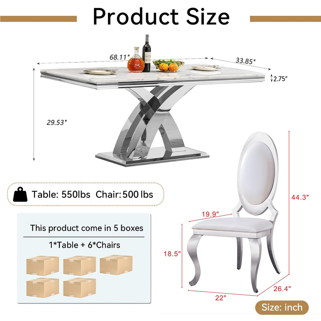 68''Silver Faux Marble Dining Table Set with 6 Leather Chair