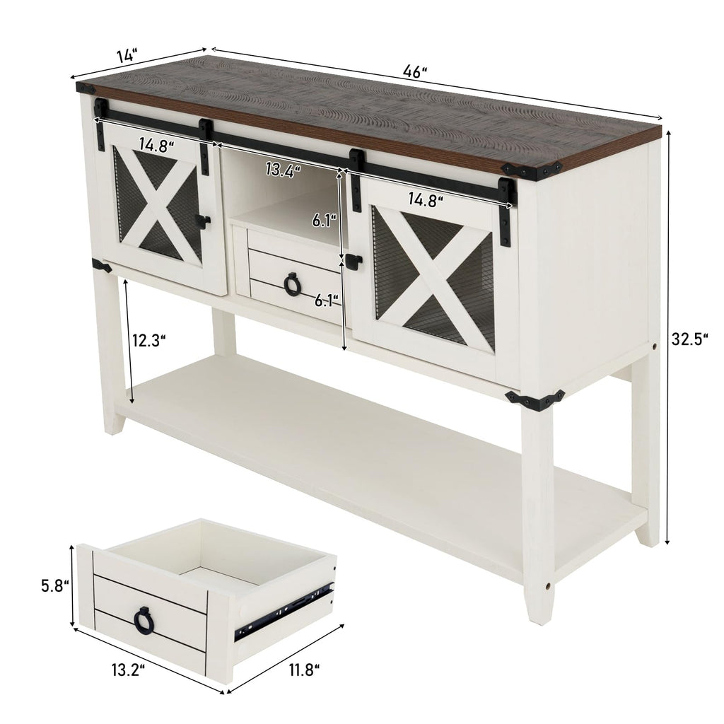 Farmhouse Entryway Table with 2 Sliding Barn Doors & Drawer, 46'' Rustic Console Table with Storage, Open Shelf