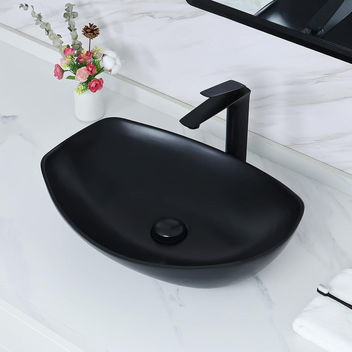 22" x 15.7'' Large Matte Black Oval Vessel Sink with Pop Up Drain,Bathroom Vessel Sinks,Bathroom Sinks Above