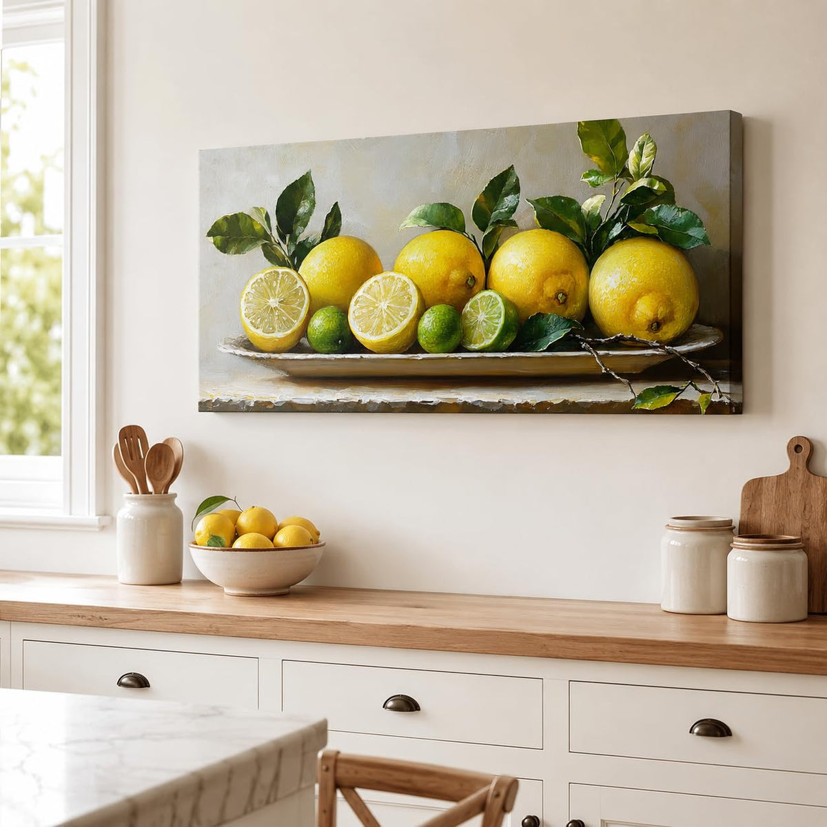 Large Lemon Canvas Wall Art, Lemon Kitchen Canvas Prints, Realistic Fruit Painting with Green Leaves, Kitchen Wall
