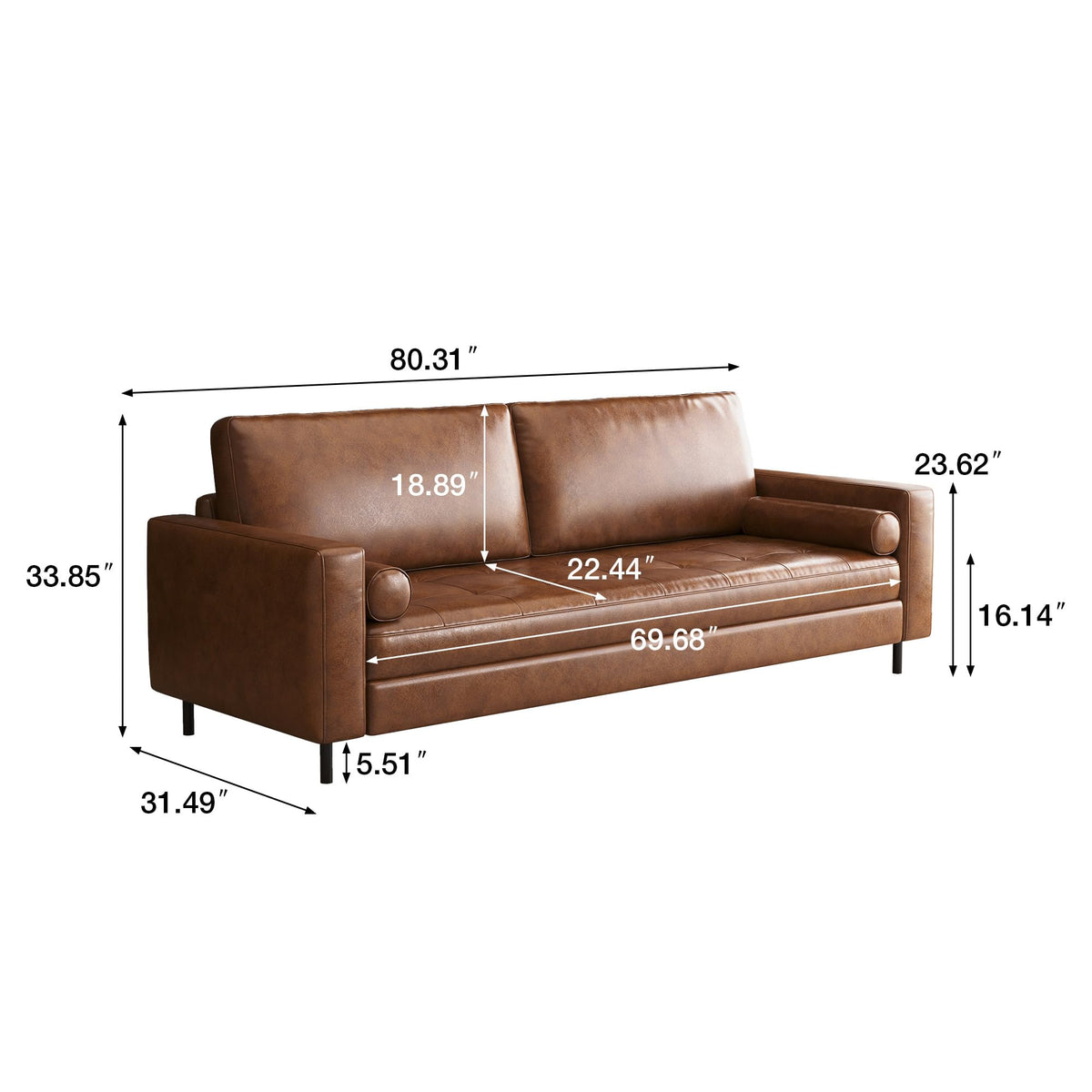 80.3" Mid-Century Modern Faux Leather 3-Seater Sofa Couch, Brown