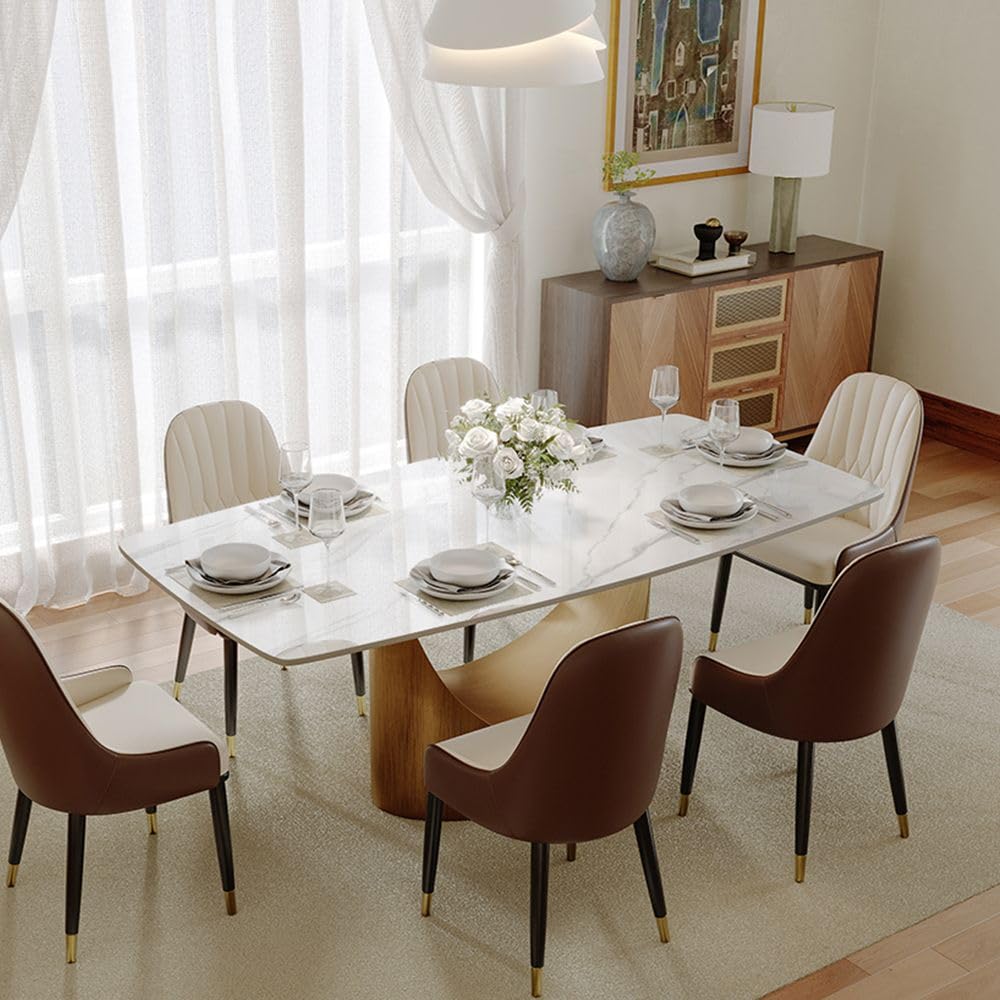 71" Hobart Modern Rectangular Dining Table for 6, Glossy White Sintered Stone Tabletop with Bronze Carbon Steel