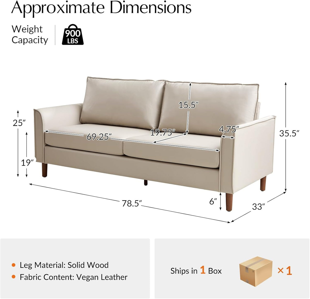 Home 78" Faux Leather Sofa with Solid Wood Legs