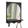 Black 16"x12" Wood Framed Arched Mirror with Shelf and 3 Hooks, Wall Mounted Decorative Real Glass Hanging Mirror