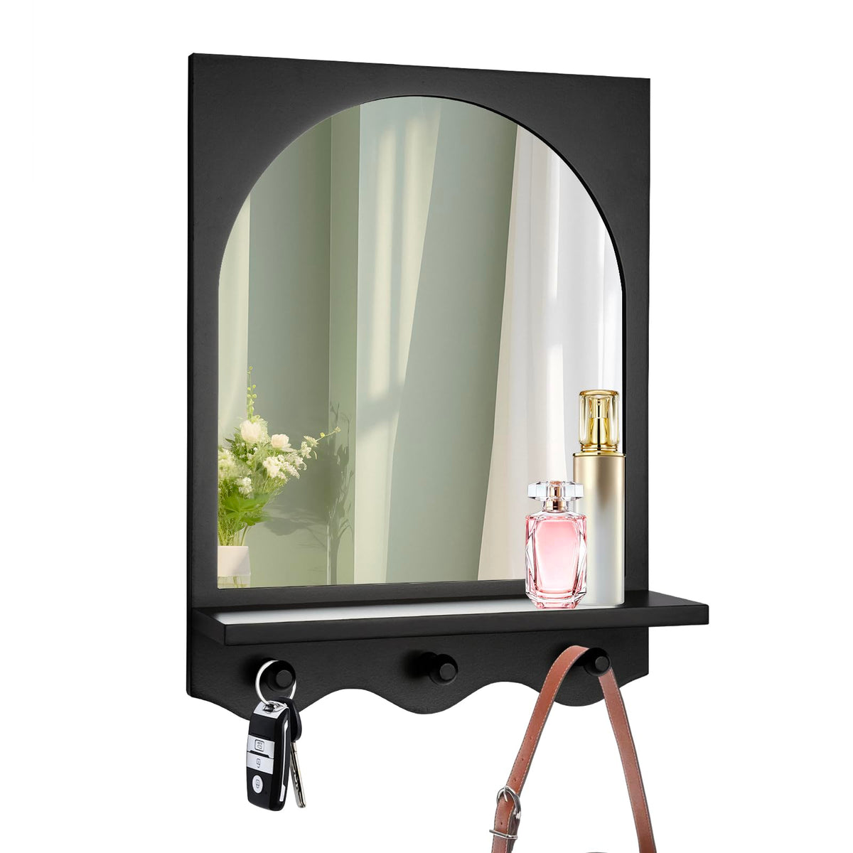Black 16"x12" Wood Framed Arched Mirror with Shelf and 3 Hooks, Wall Mounted Decorative Real Glass Hanging Mirror