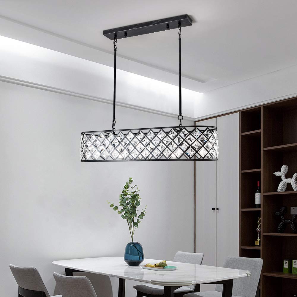 5 Lights Crystal Chandelier, Modern Rectangle Raindrop Pendant Light, Beaded Shade Contemporary Ceiling Lights