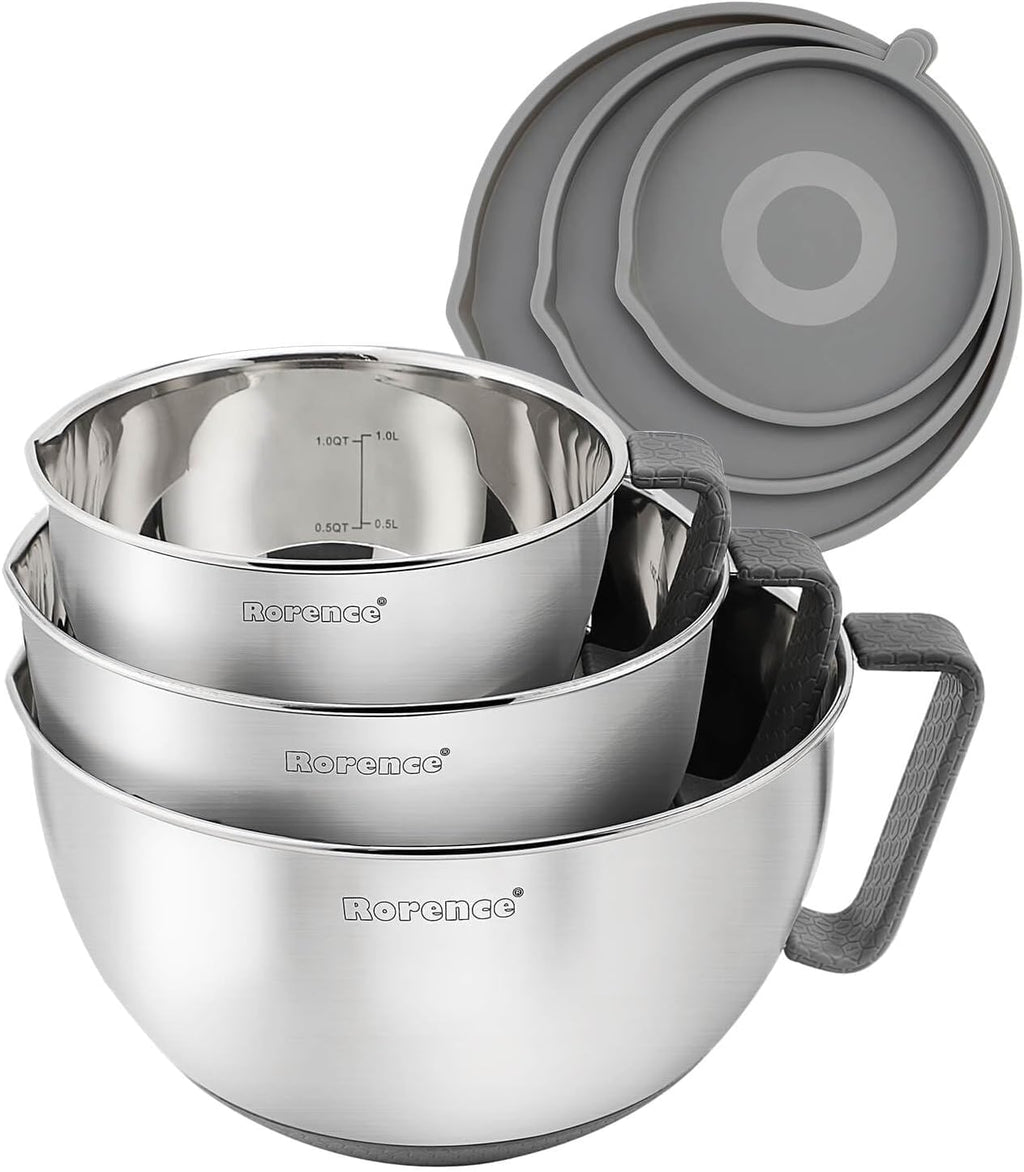 Stainless Steel Mixing Bowls Set with Lids,1.5,3 & 5 Qt,Gray