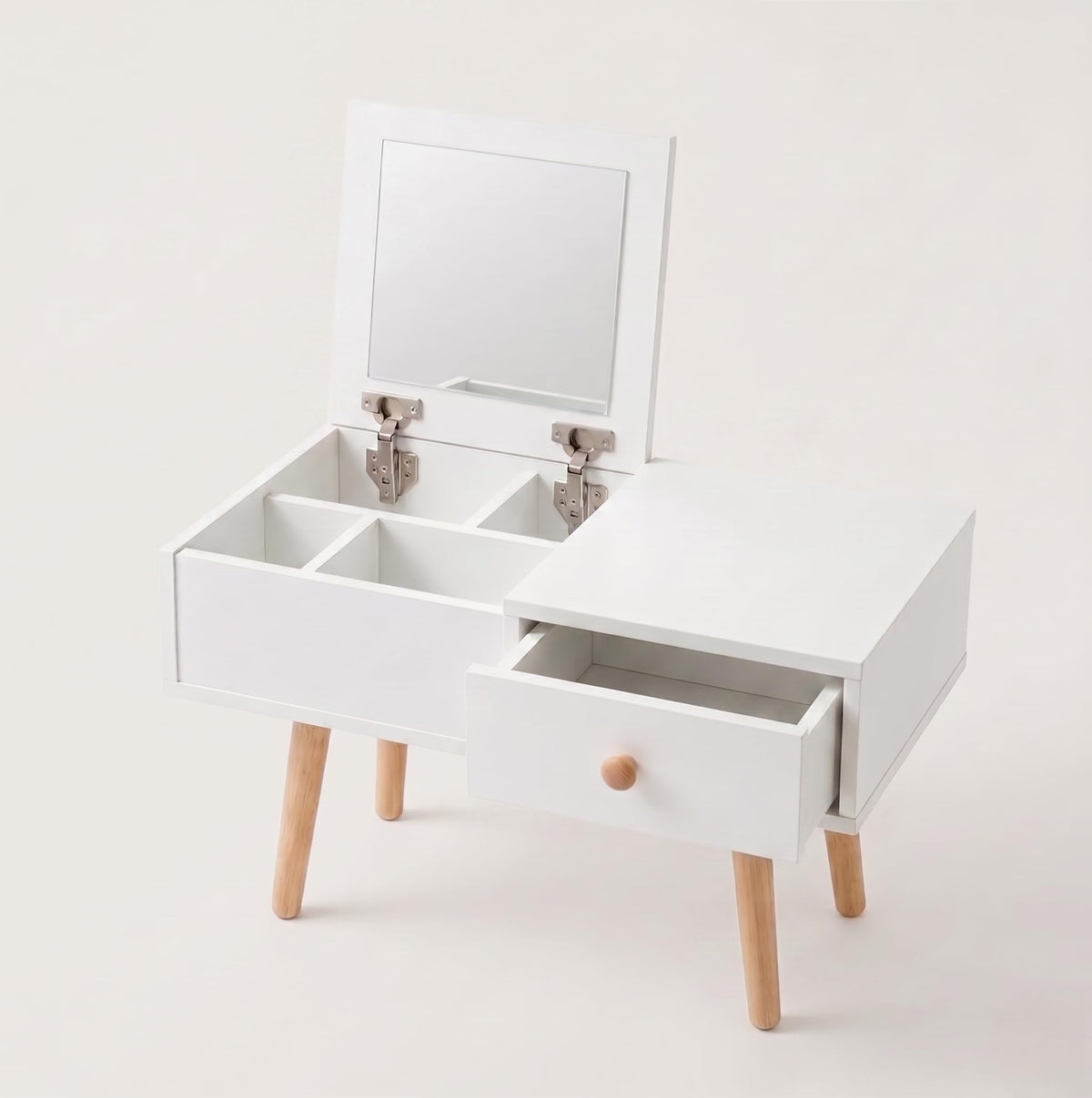 2-in-1 Floor Makeup Vanity & Nightstand - Modern Low-Profile Dressing Table with Solid Wood Legs - Compact Bedroom