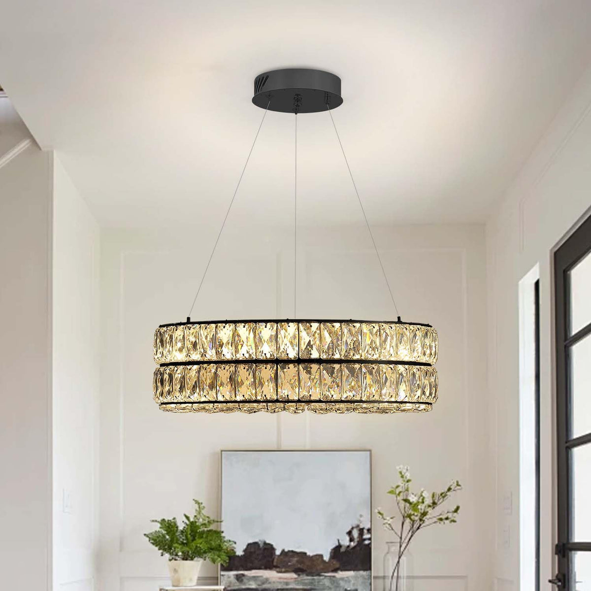 Modern LED Ring Chandelier with Dimmable Crystal Light for Bedrooms