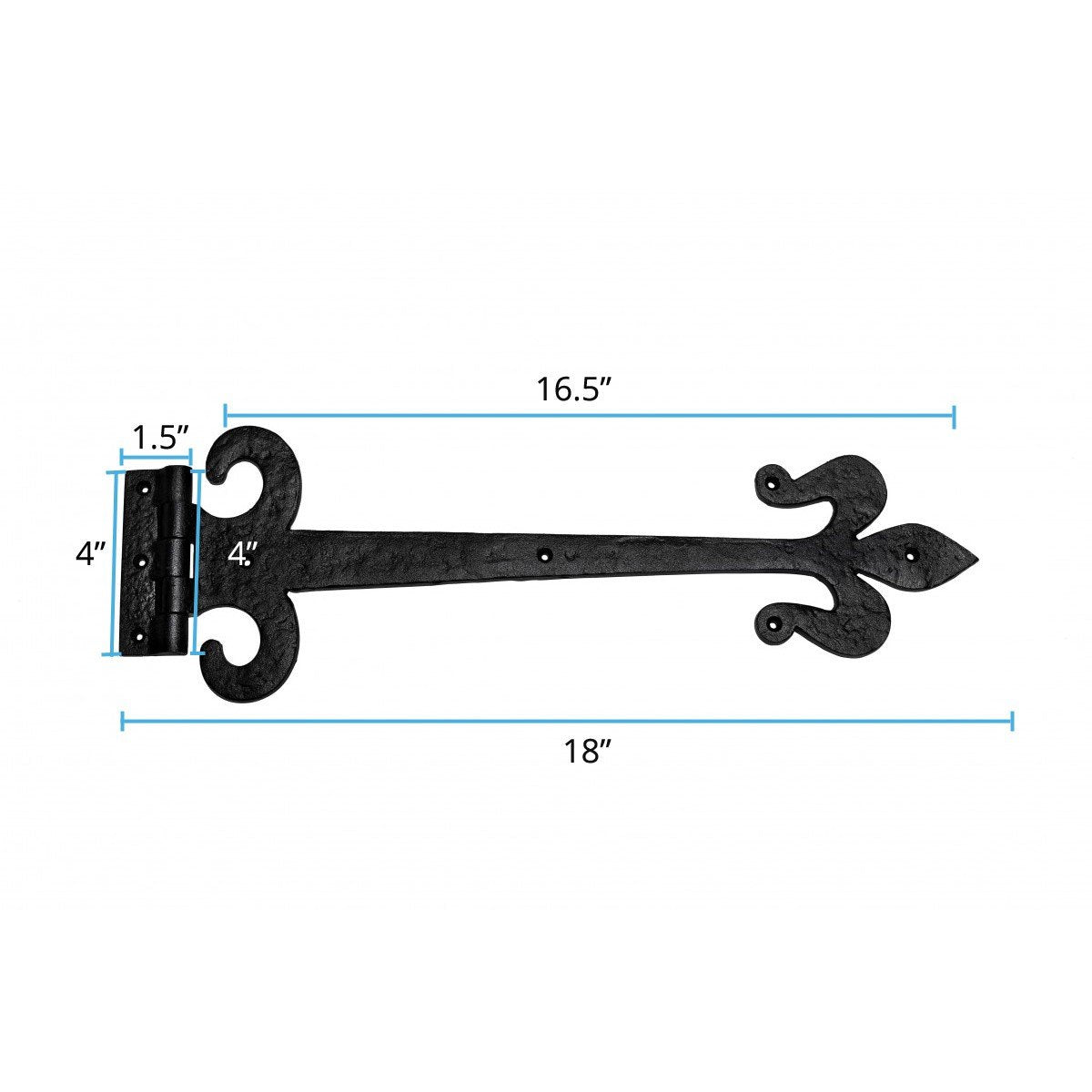 Strap Hinge 18 in. Black Wrought Iron Fleur De Lis Style Flush Mount Heavy Duty Strap Gate and Door Hinges with