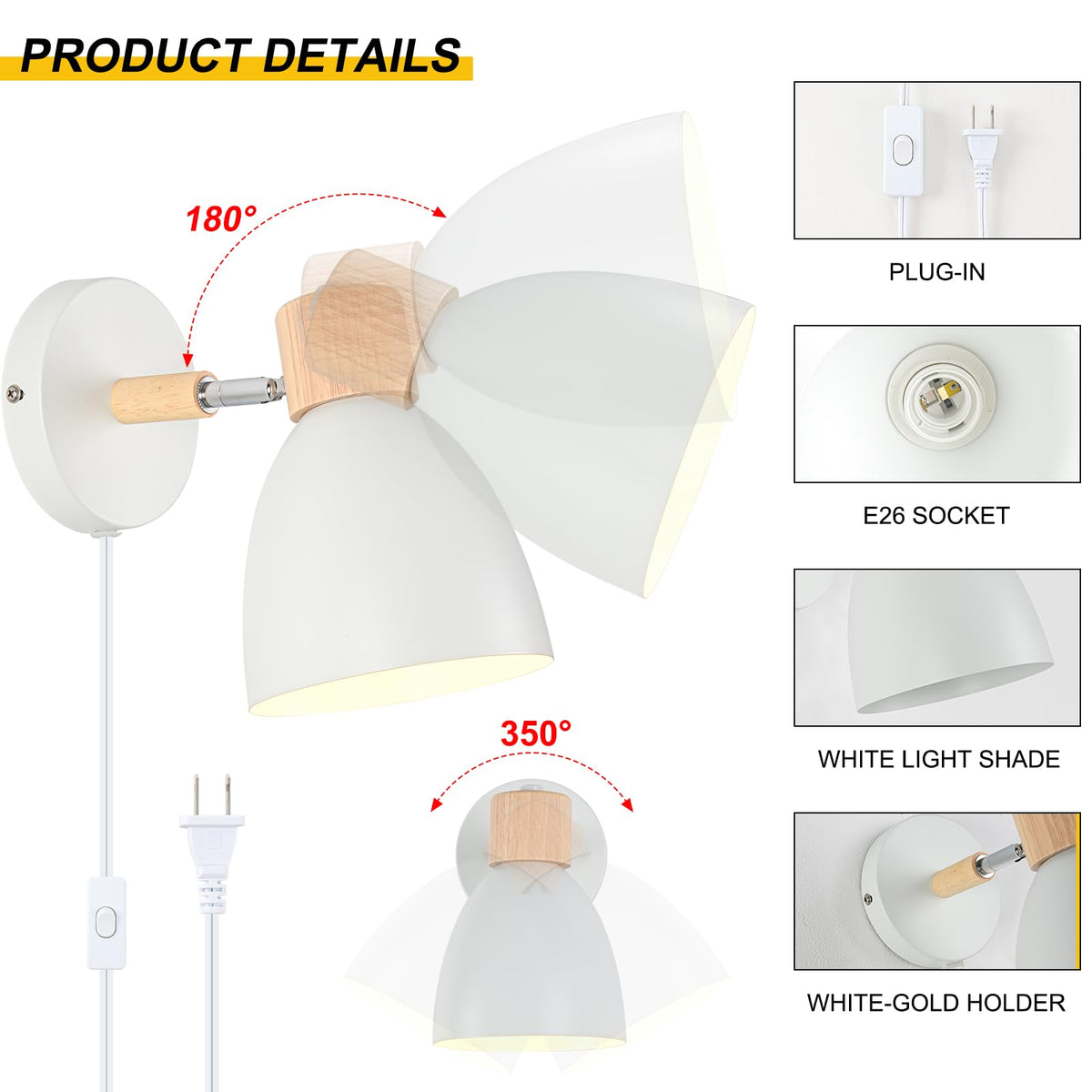 Wall Sconces Plug in, Swing Arm Wall Lamp with Power Cord, White Plug in Wall Lighting Fixtures Set of Two, Bedside