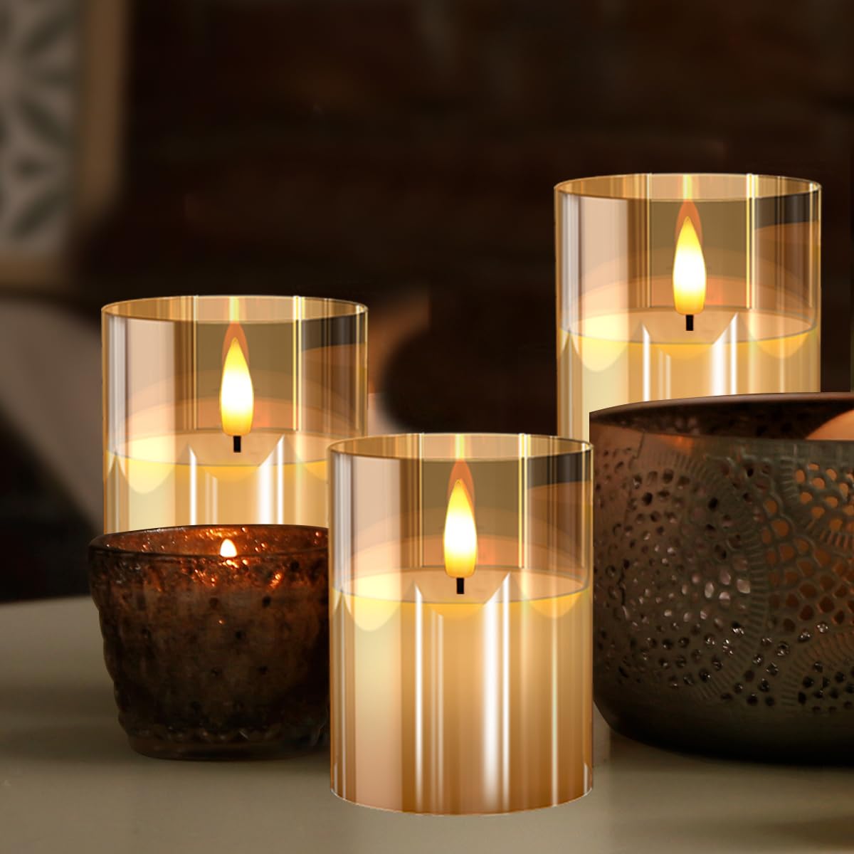 Glass Battery Operated LED Flameless Candles with Remote and Timer, Real Wax Candles Warm Color Flickering Light for