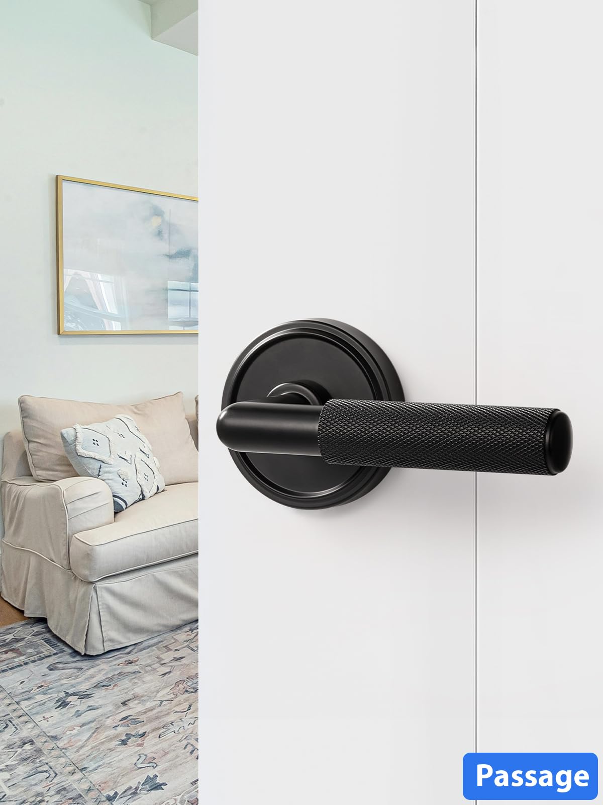 Knurled Door Lever Black Passage Door Handle, 1 Pack