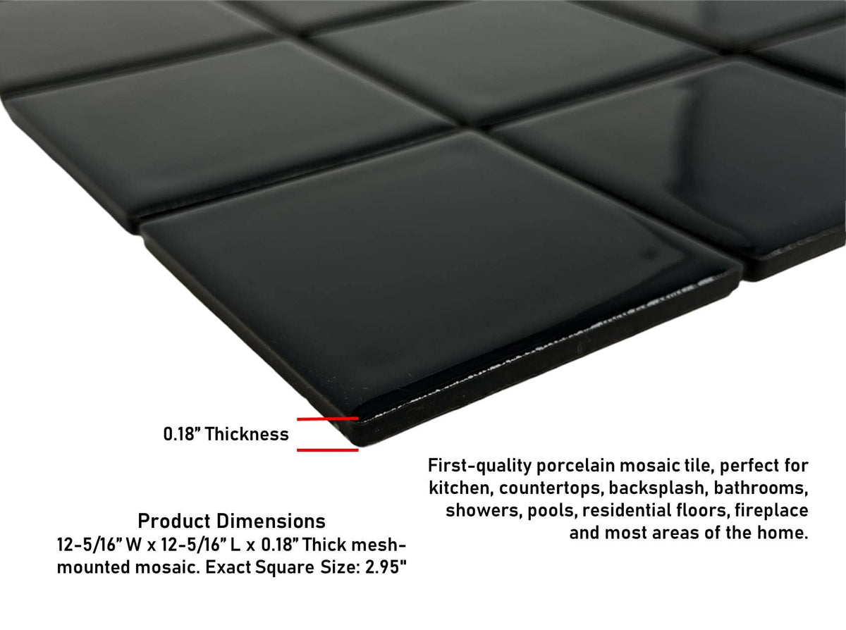 5 sq.ft. Black 3x3 Inches Porcelain Tile - Polished Square Mosaic for Swimming Pools, Spas, Showers, Kitchen