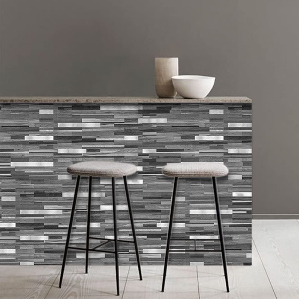 20 Sheets Peel and Stick Backsplash, Black & Grey Wood Look PVC Mixed Metal Stick on Backsplash Tiles