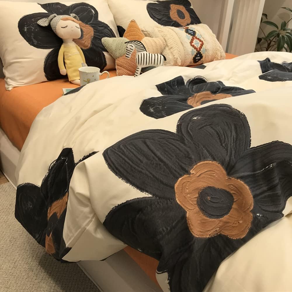 Black Sunflower Comforter Full Boho Floral Bedding Botanical Quilt