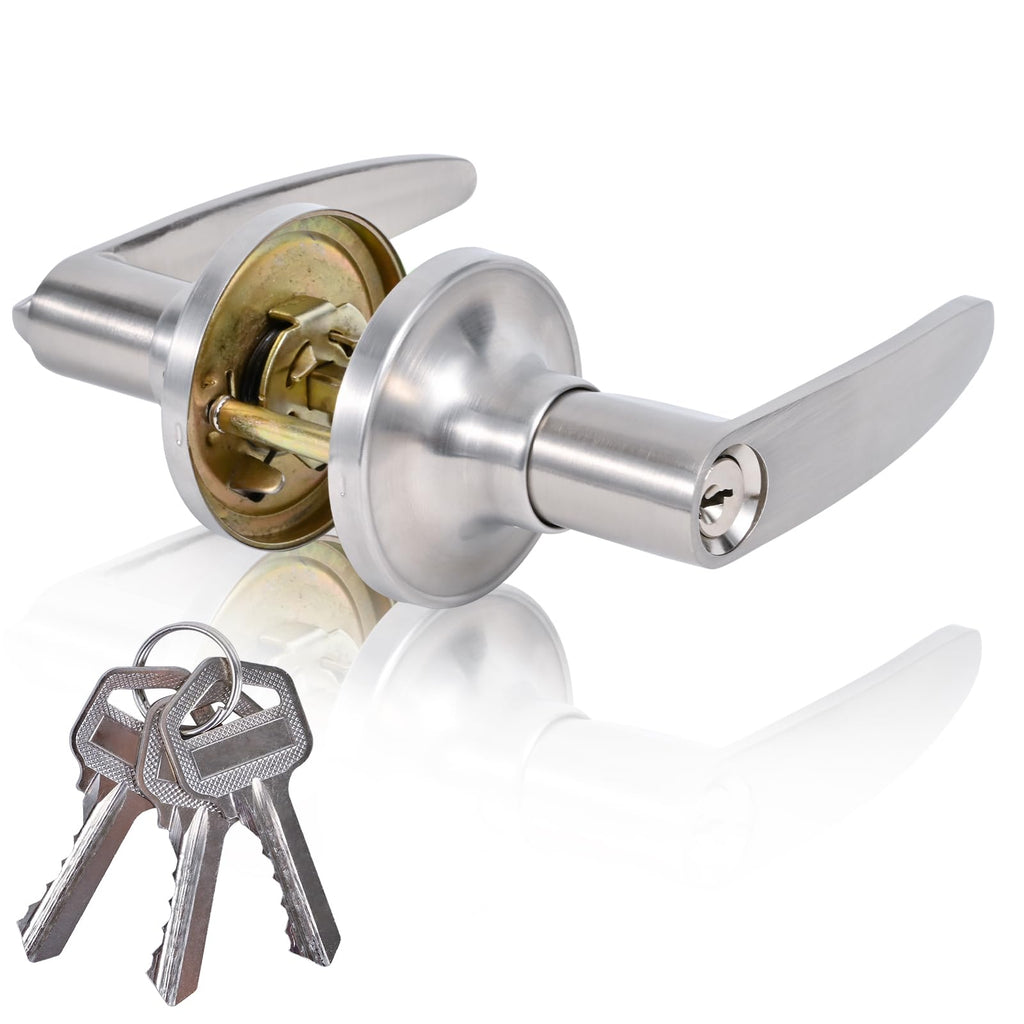 High-Security Stainless Steel Door Lever with Lock and Key,Silver