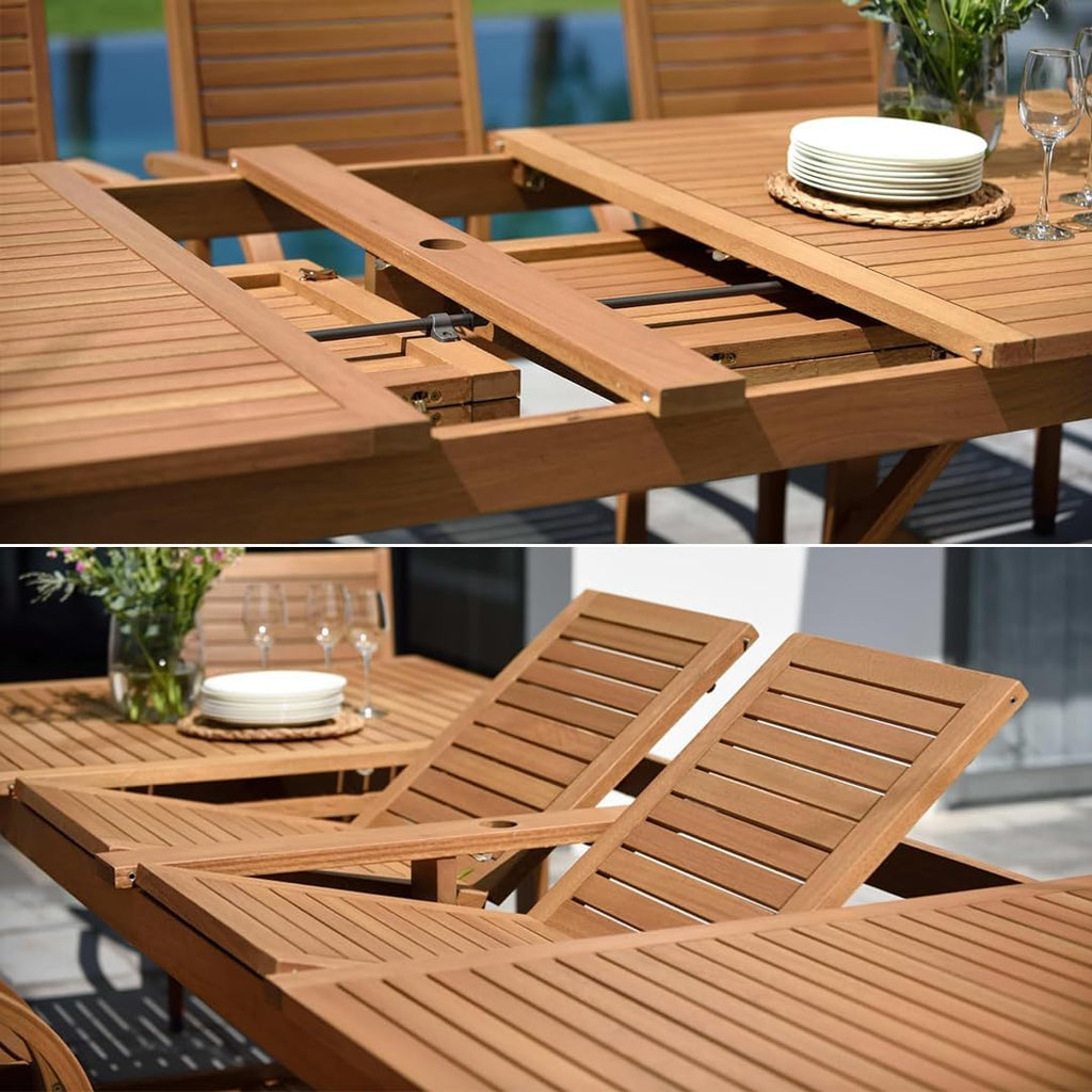 Franklin 9-Piece Rectangular Extendable Patio Dining Set Teak Finish and Weather-Net Technology Ideal for Outdoors