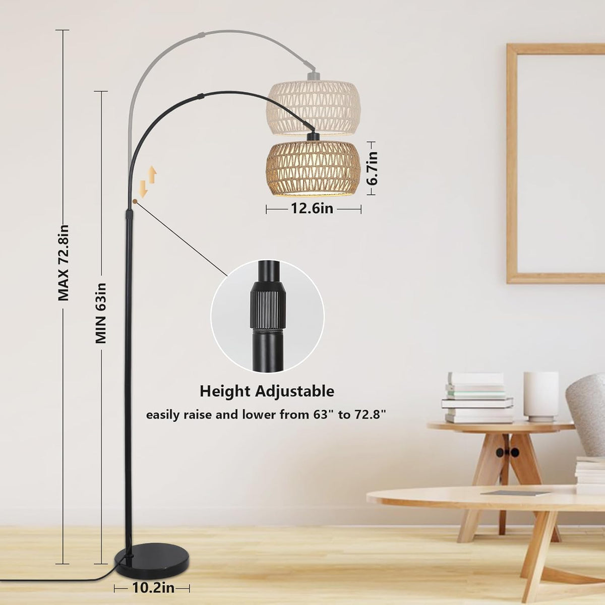 Arc Floor Lamps with 3 Color Temperatures, Black Standing Lamp with Remote & Dimmable LED Bulb, Rattan Boho Floor Lamp
