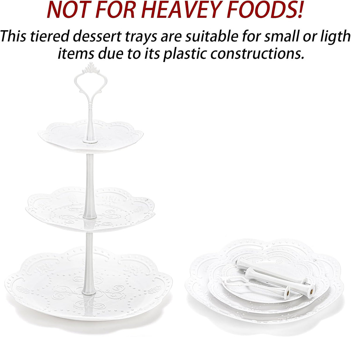 Tiers White Plastic Cupcake Stand Dessert Stand Tiered Serving Trays - Round, Square, Flower - Set of 3