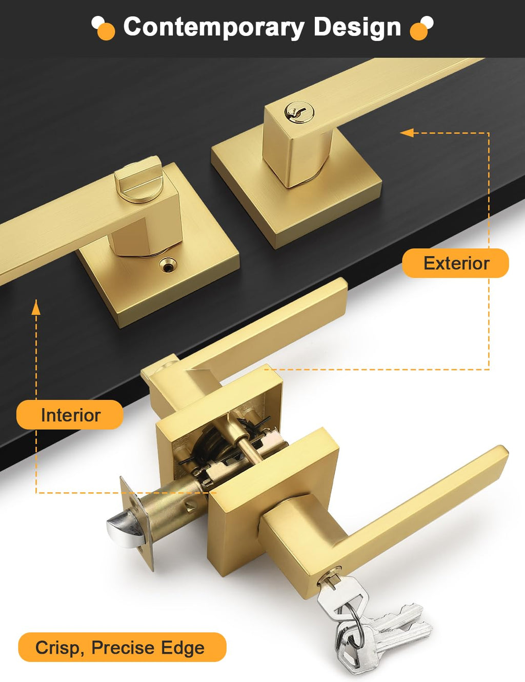 Keyed Alike Entry Door Handle Gold Door Handles Heavy Duty Entrance Door Lock Reversible Square Door Lever or Front