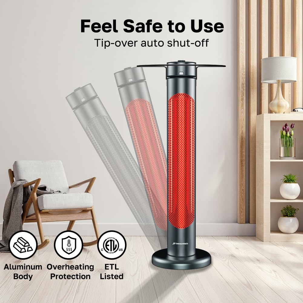 Electric Patio Heater, 1500W IP65 Outdoor/Indoor Infrared Heater with Remote, 8 Heating Levels 8-Hour Timer &