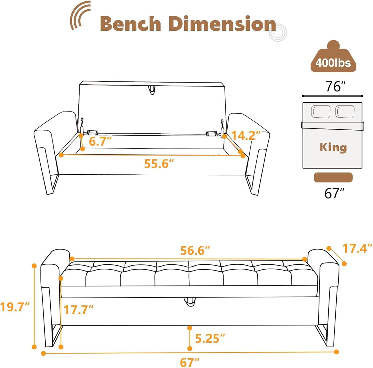 67" Storage Bench , End of Bed Bench King Size, Brown | Upholstered Velvet Storage Ottoman Bench with Golden Legs
