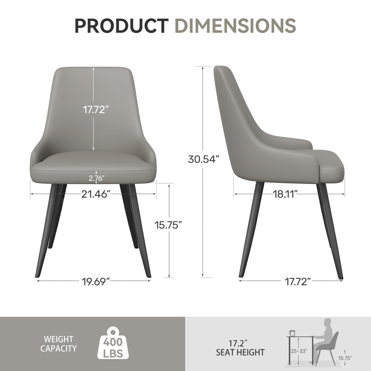 Faux Leather Chairs Set of 4, Waterproof Padded Seat, Grey