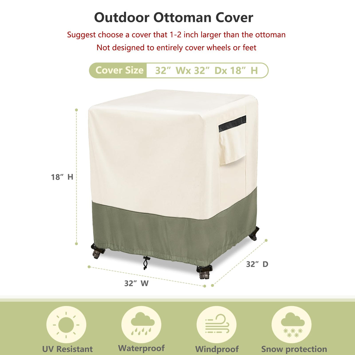 Outdoor Ottoman Cover 32 W x 32 D x 18 H inches, 600D Heavy Duty Waterproof Patio Ottoman Cover, Patio End Table Covers